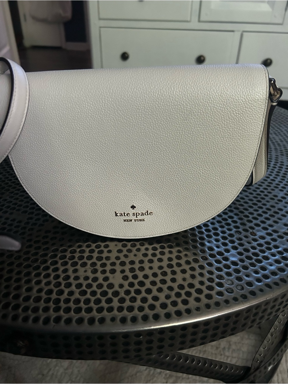 kate spade white pebbled leather half-moon crossbody with gold logo